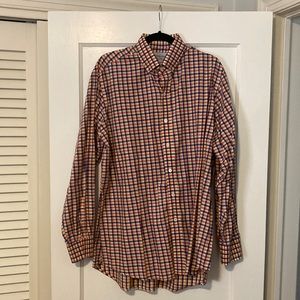 Ledbury Button Down Plaid Dress Shirt Blue, Orange and Cream Size 17 classic fit
